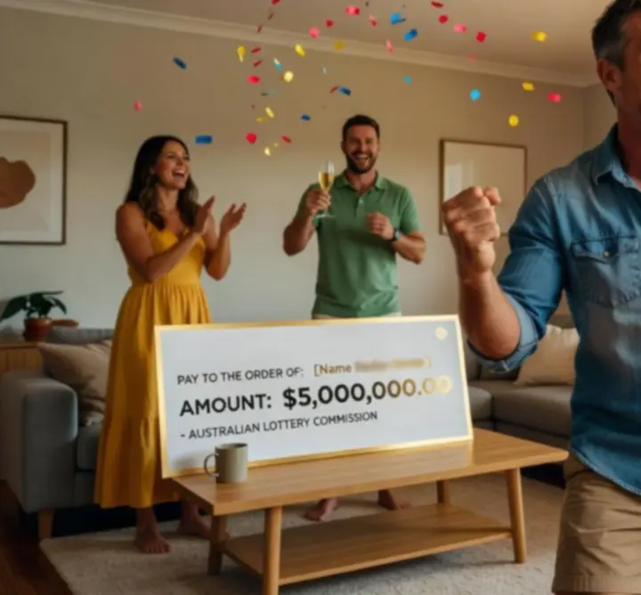 Happy Australian Golden Number Lotto winner celebrating