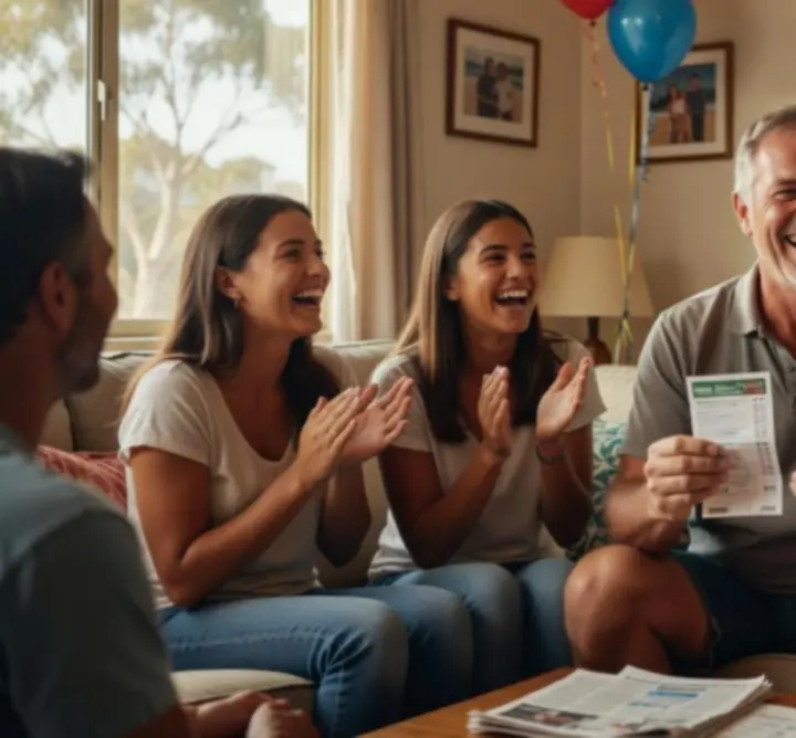 Australian lottery winner smiling during a celebration interview